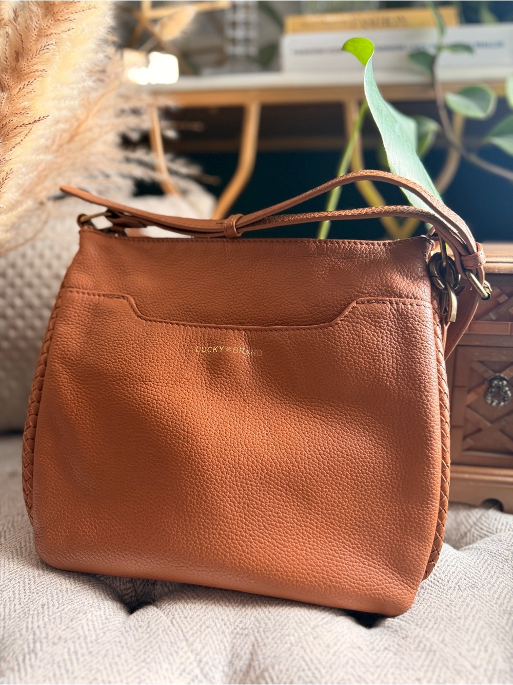 Lucky Brand Cognac Leather Shoulder Bag with Braided Trim